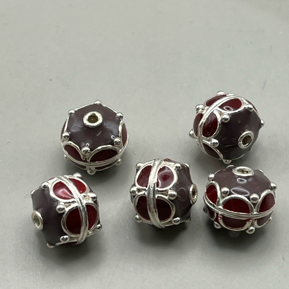 Elegant Vintage Silver and Burgundy Cloisonné Bead Jewelry Set